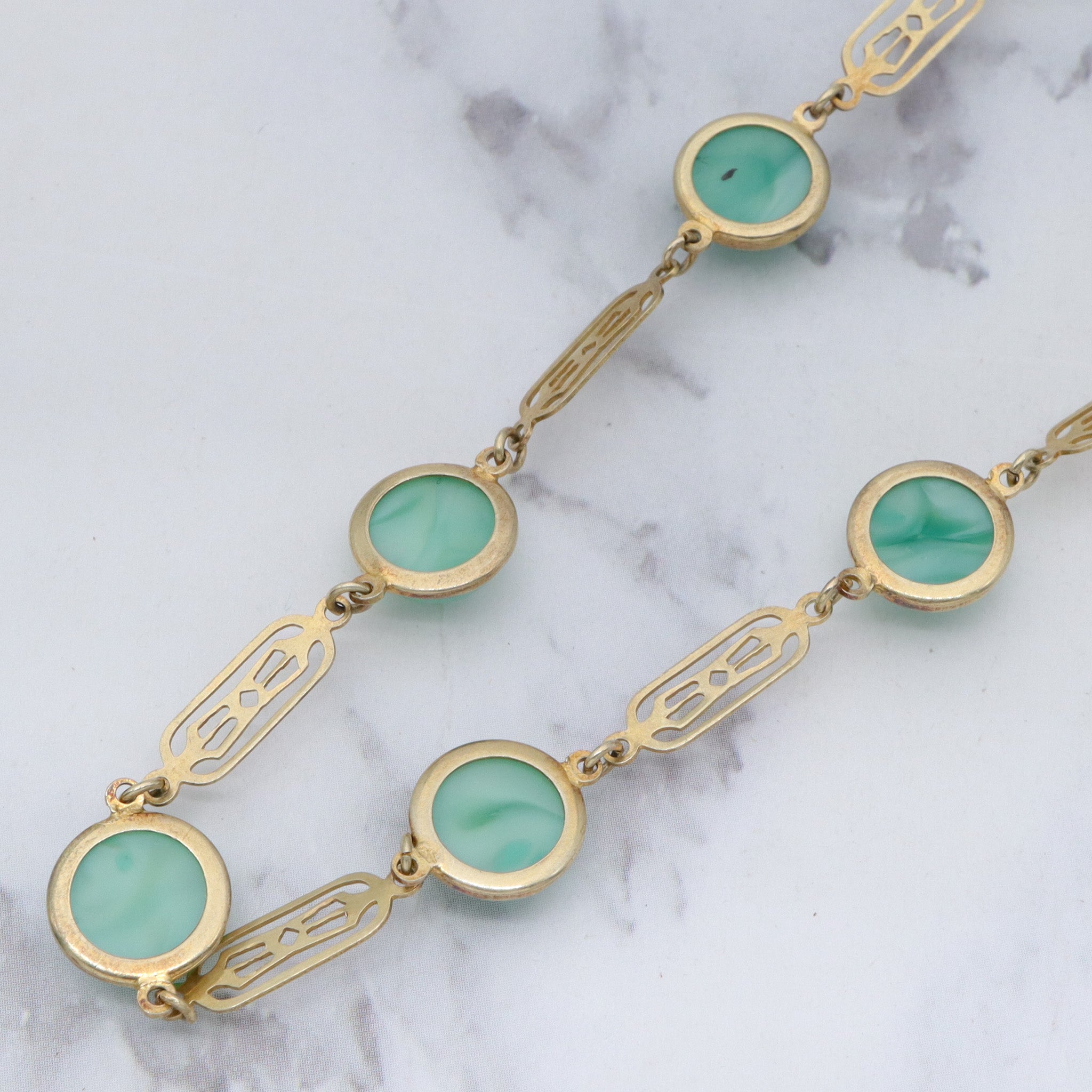 Antique art deco Chinese vermeil sterling tile link & peking glass cabochons necklace - 15"